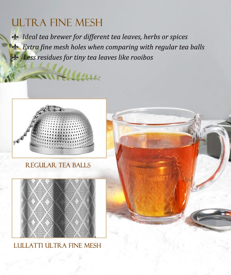 LULLATTI Tea Balls for Loose Tea, (2+1 Pack) 18/8 Stainless Steel Tea Infuser Set, Extra Fine Mesh Tea Strainers for Brew Tea, Spices & Seasonings - Image 4